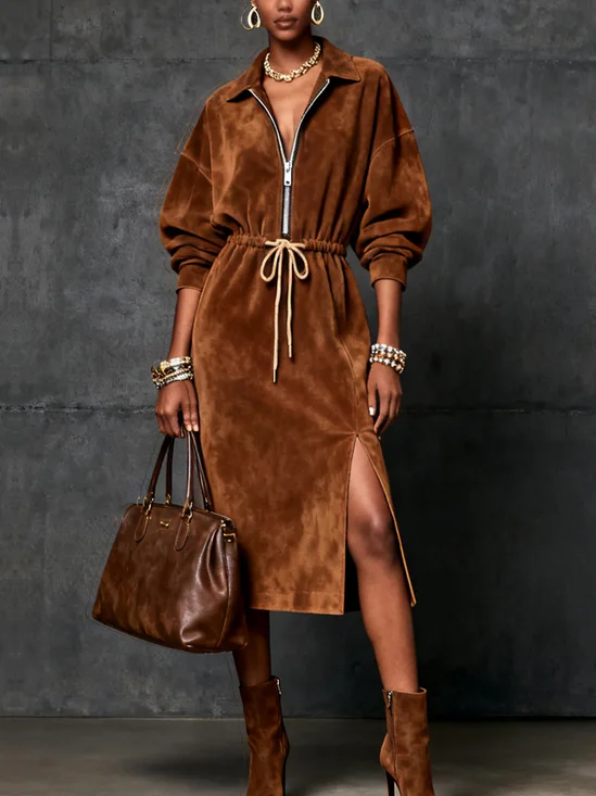 Urban Unifarben Veloursleder Reißverschluss  Midikleid