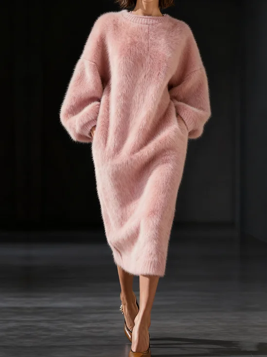 Lässig Unifarben Rundhals Midi Strickkleid