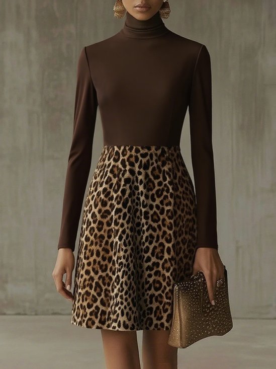 Urban Leopard Print Rollkragen Knielänge Kleid