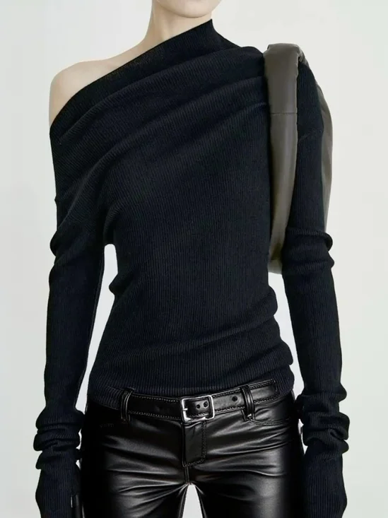 Gestrickt Lässig Unifarben U-Boot-Ausschnitt T-Shirt