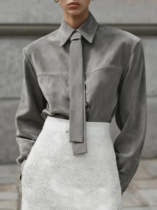 Veloursleder Urban Unifarben Geknöpft Kunstleder Oberteile Mit Krawatte