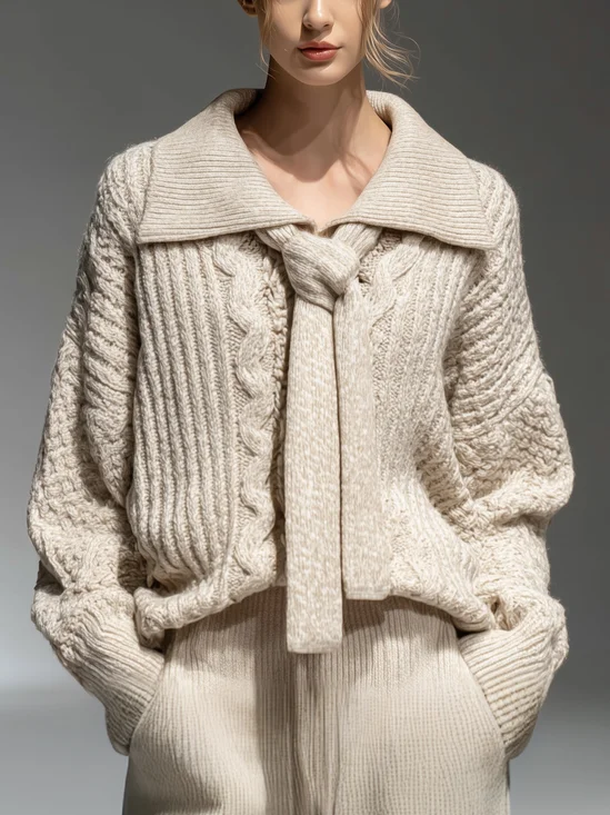 Lässig Unifarben Schnürung Schalkragen Pullover Mit Schal