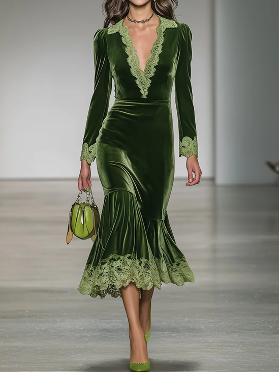 Elegant Unifarben V-Ausschnitt Kleid