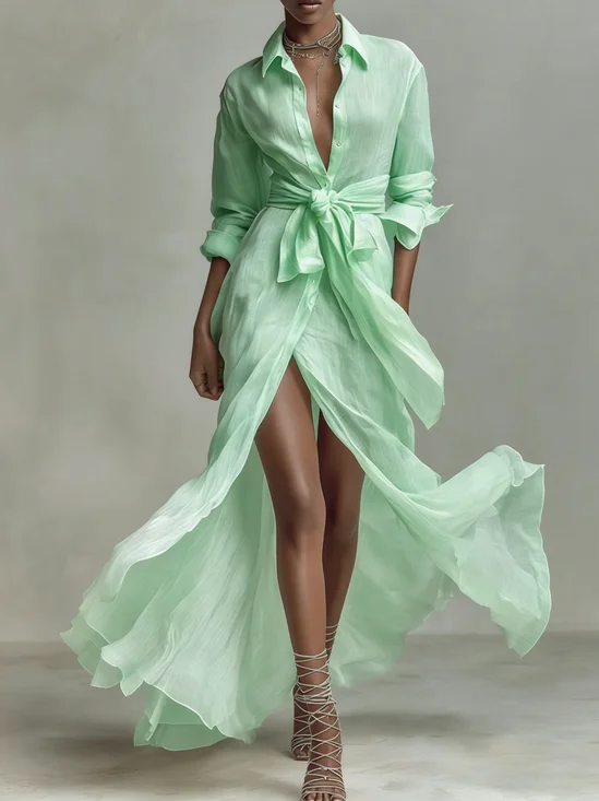 Lässig Unifarben Hemdkragen Maxikleid Baumwolle Leinen Kleid mit Gürtel