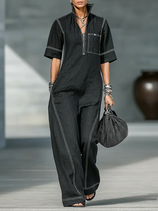 Lässig Farbblock Bluse Baumwolle Leinen Jumpsuit