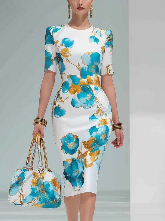 Elegant Geblümt Print Rundhals Midikleid