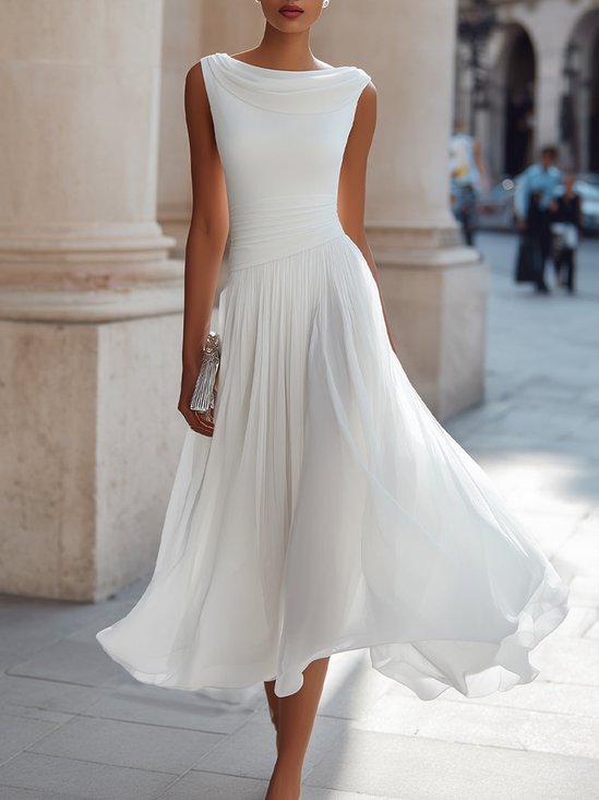 Elegant Unifarben Plissiert Wasserfallausschnitt Midikleid