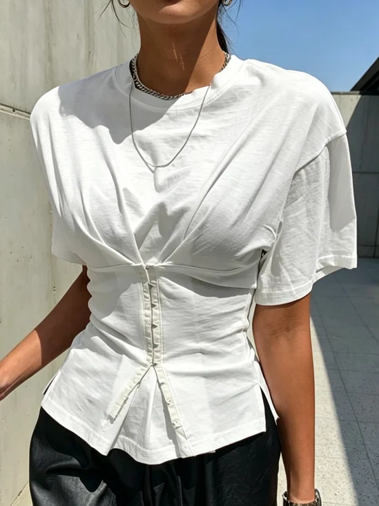 Lässig Unifarben Schaltflächendetails T-Shirt