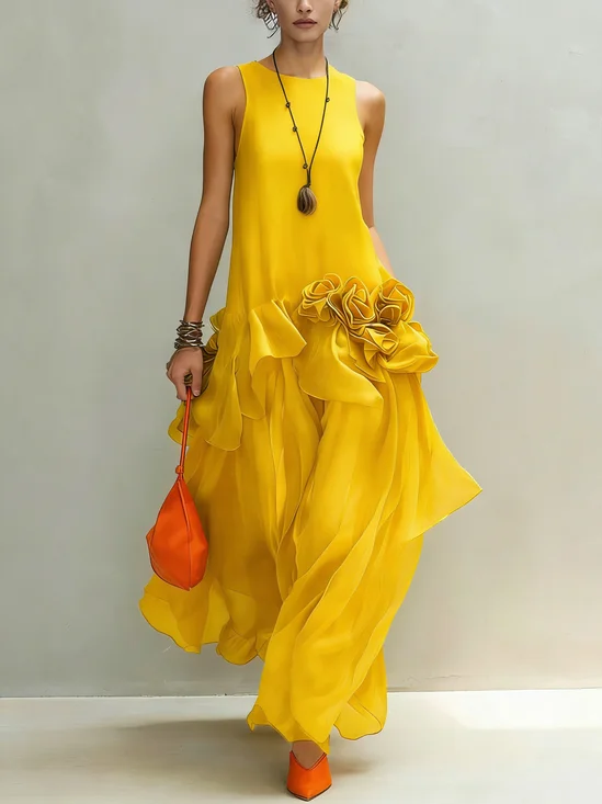 Elegant Unifarben 3D Blumen Rundhals Maxikleid