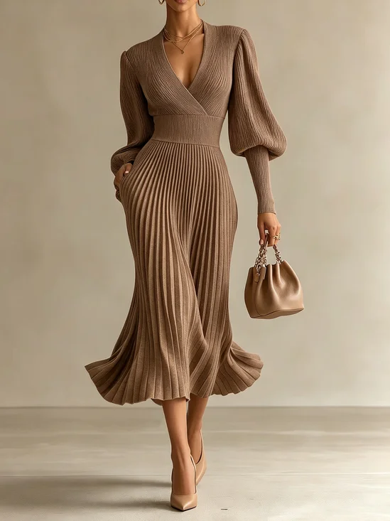 Elegant Unifarben Ballon-Ärmel V-Ausschnitt Midikleid