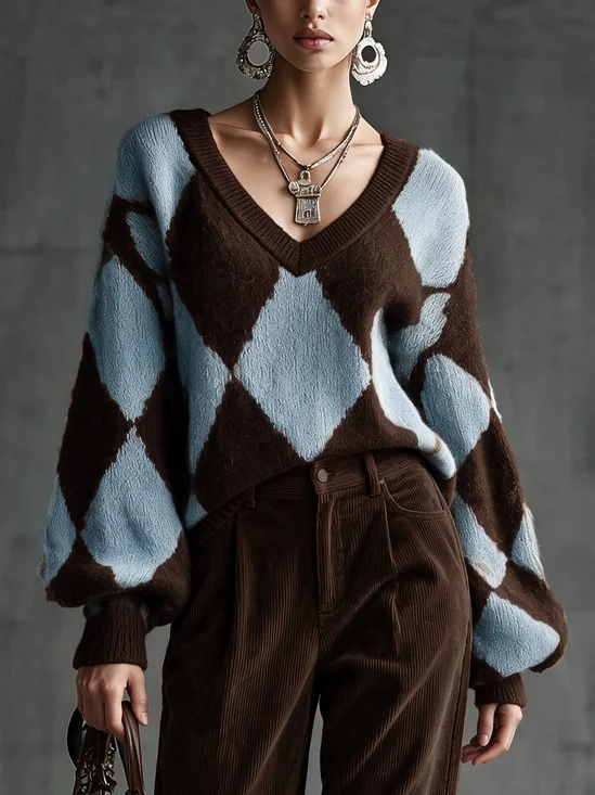 Lässig Geometrisch V-Ausschnitt Ballon-Ärmel Pullover