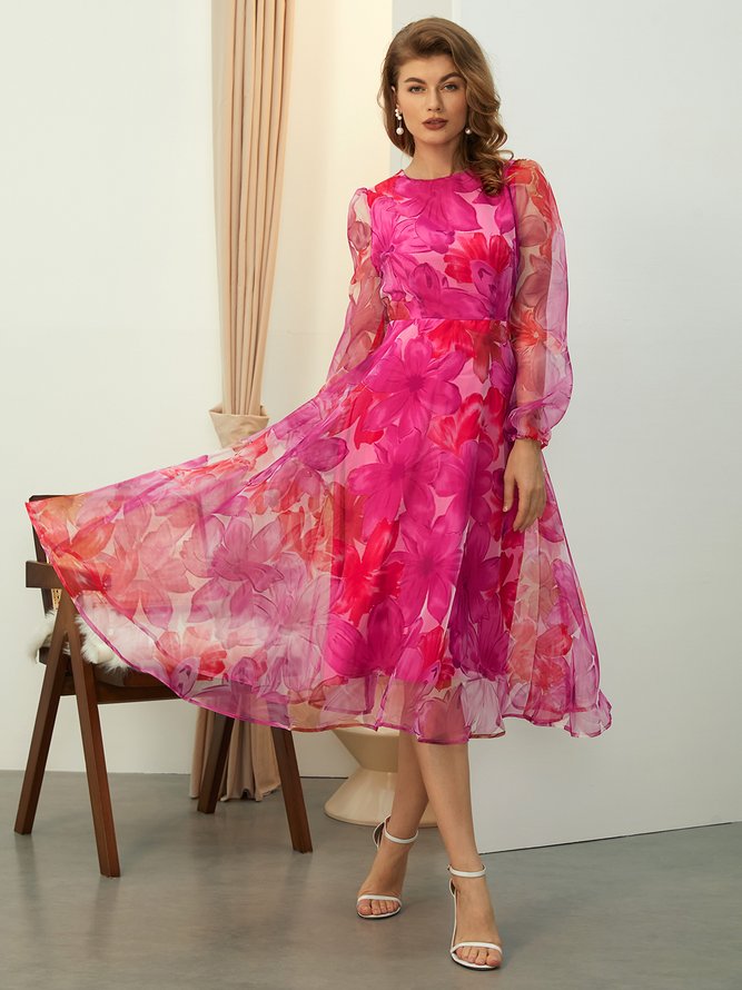 Regelmäßige Passform Geblümt Elegant Rundhals Midikleid De stylewe Regelmäßige Passform Geblümt Elegant Rundhals Midikleid De stylewe