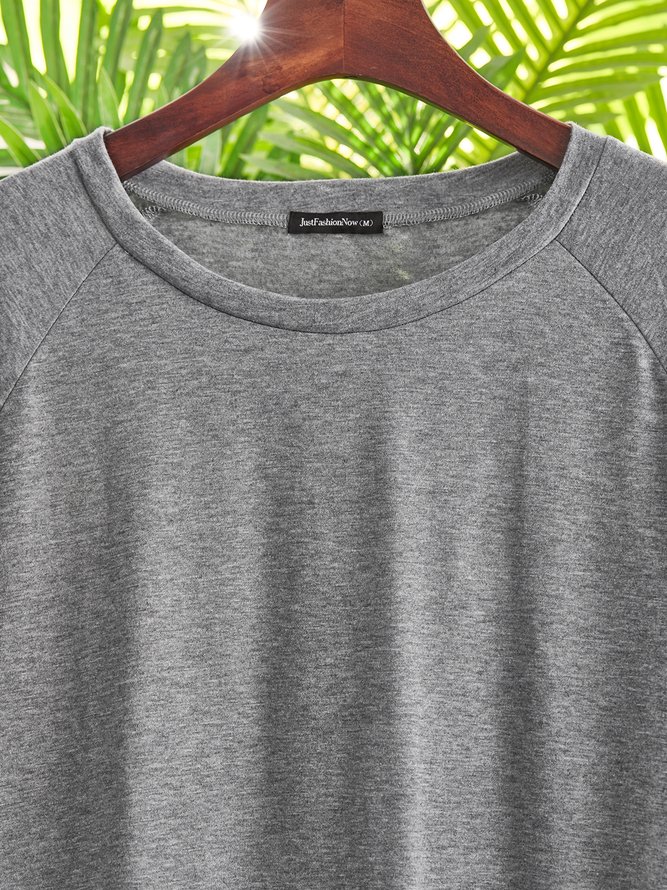 Grau Baumwolle Lässig Rundhals Unifarben T-Shirt