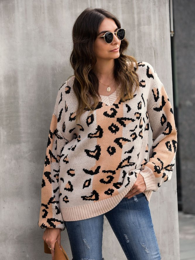 V-Ausschnitt Langarm Pullover mit Leopard Print
