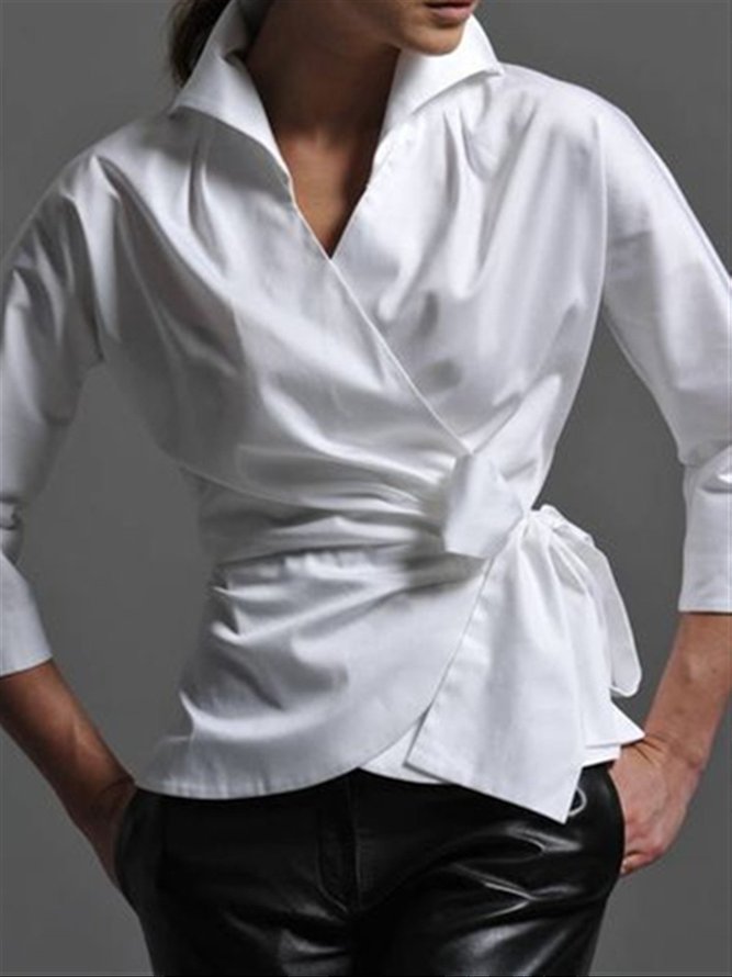 Weiß Unifarben Baumwolle Langarm V-Ausschnitt Bluse