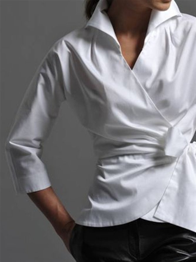 Weiß Unifarben Baumwolle Langarm V-Ausschnitt Bluse
