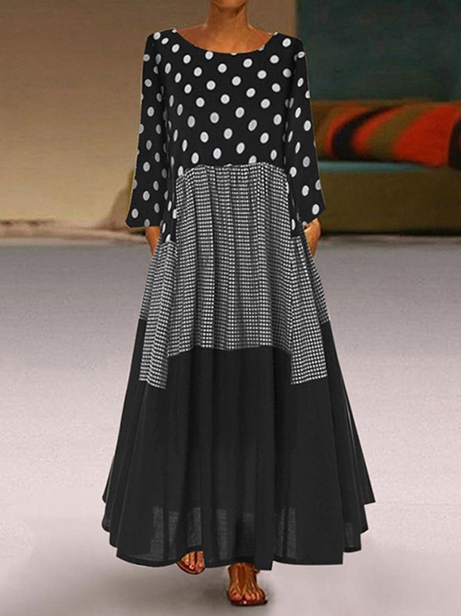 A-Linien Paneeliertes Kleid mit Polka Dots aus Leinen