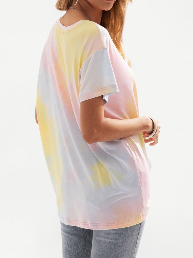 Gelb Baumwollmischung Kurzarm Batik Rundhals T-Shirt