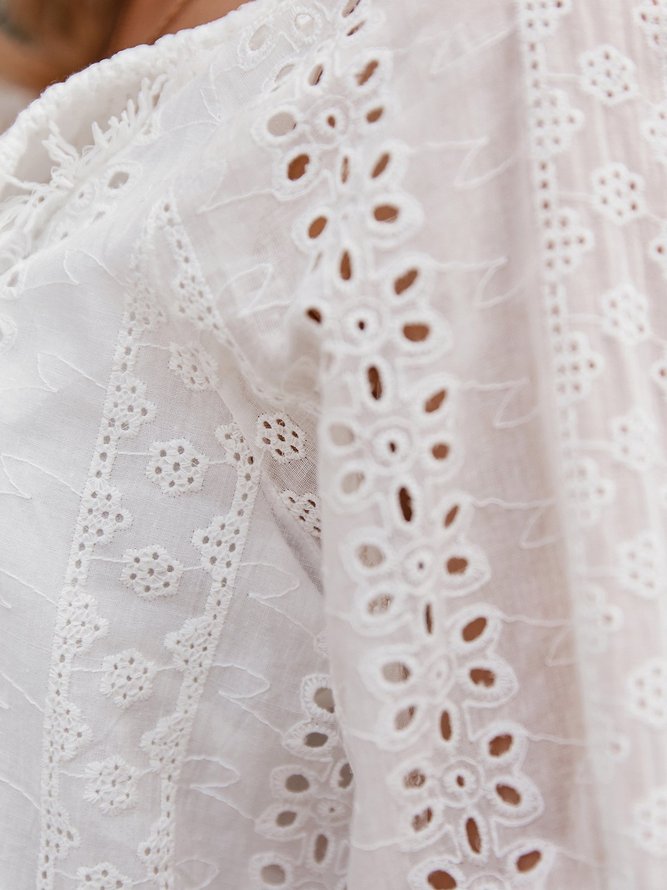 Weiß Unifarben Langarm Troddel Weiß Perforiert Spitze Kleid