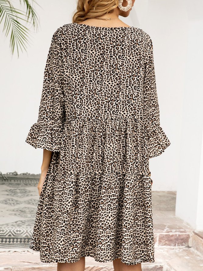 V-Ausschnitt 3/4 Ärmel Kleider mit Leopard Print