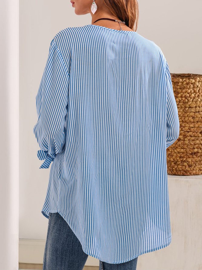 Blau-Weiß Schnürung V-Ausschnitt Langarm Streifen  Bluse