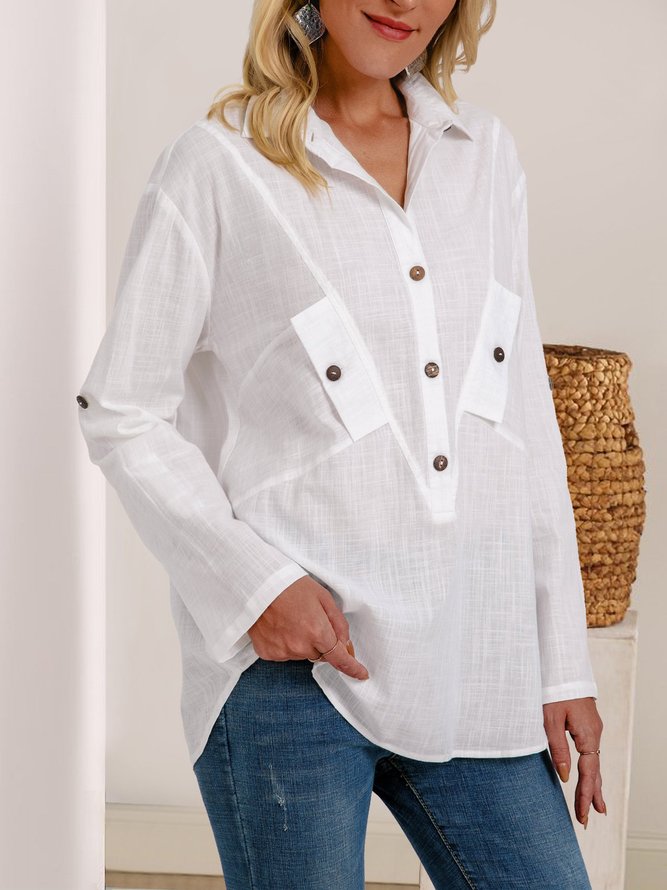 Weiß Unifarben Baumwollmischung Normal Langarm Shirts Bluse