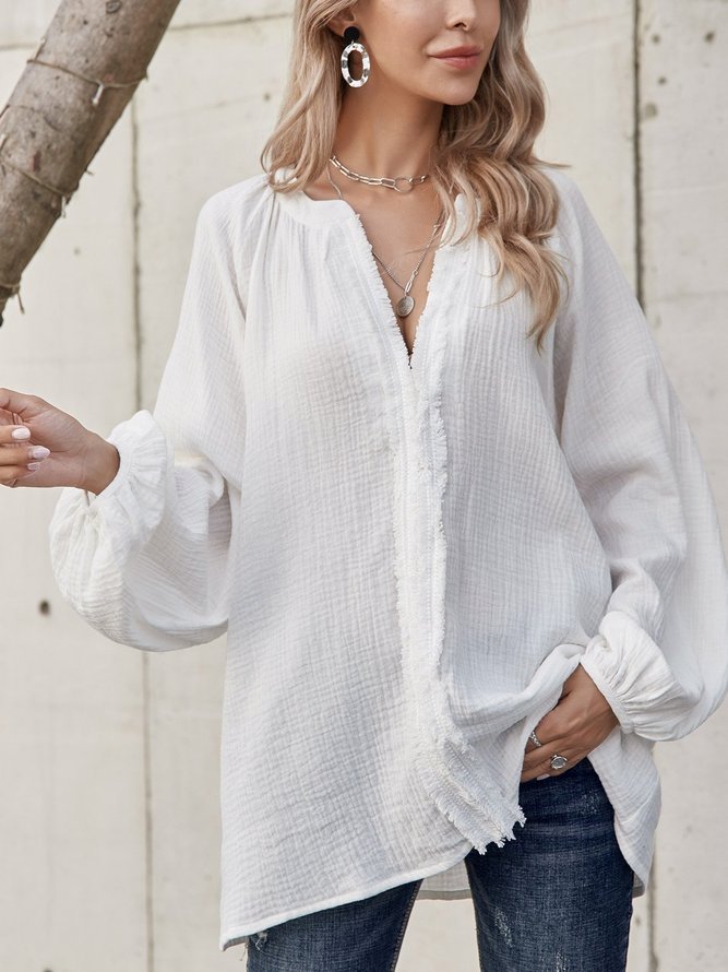 Weiß Lässig Unifarben Baumwollmischung Paneeliert Blusen & Shirts