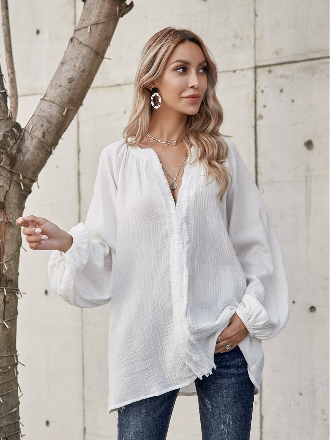 Weiß Lässig Unifarben Baumwollmischung Paneeliert Blusen & Shirts