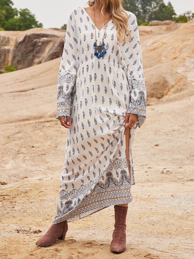Weiß V-Ausschnitt Baumwollmischung Langarm Ethnisch Kleider