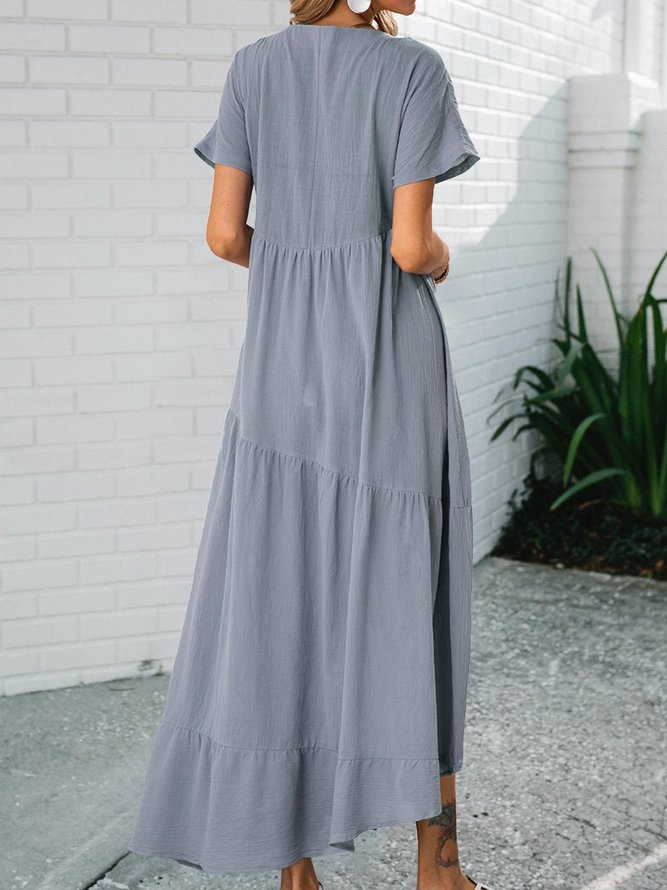 Kurzarm Einfarbiges Kleid mit V-Ausschnitt