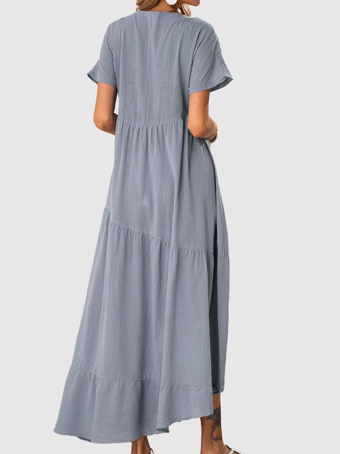 Kurzarm Einfarbiges Kleid mit V-Ausschnitt