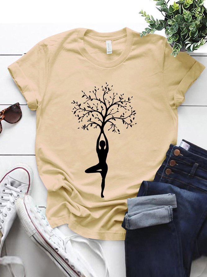 Yoga Baum Grafik Print T-Shirts mit Rundhals