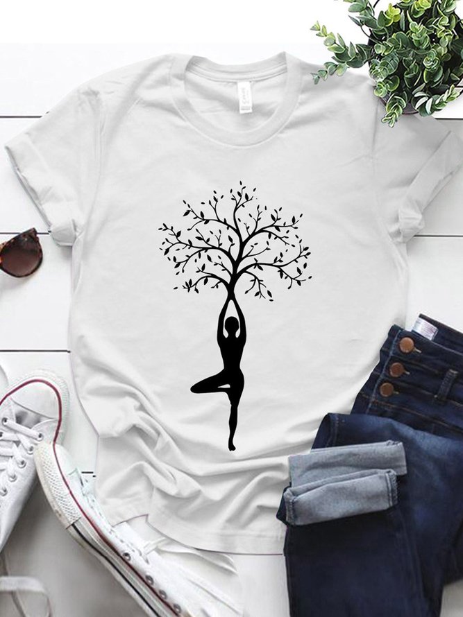 Yoga Baum Grafik Print T-Shirts mit Rundhals