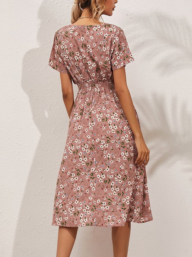 Geblümter Print Kleid mit V-Ausschnitt für Urlaub