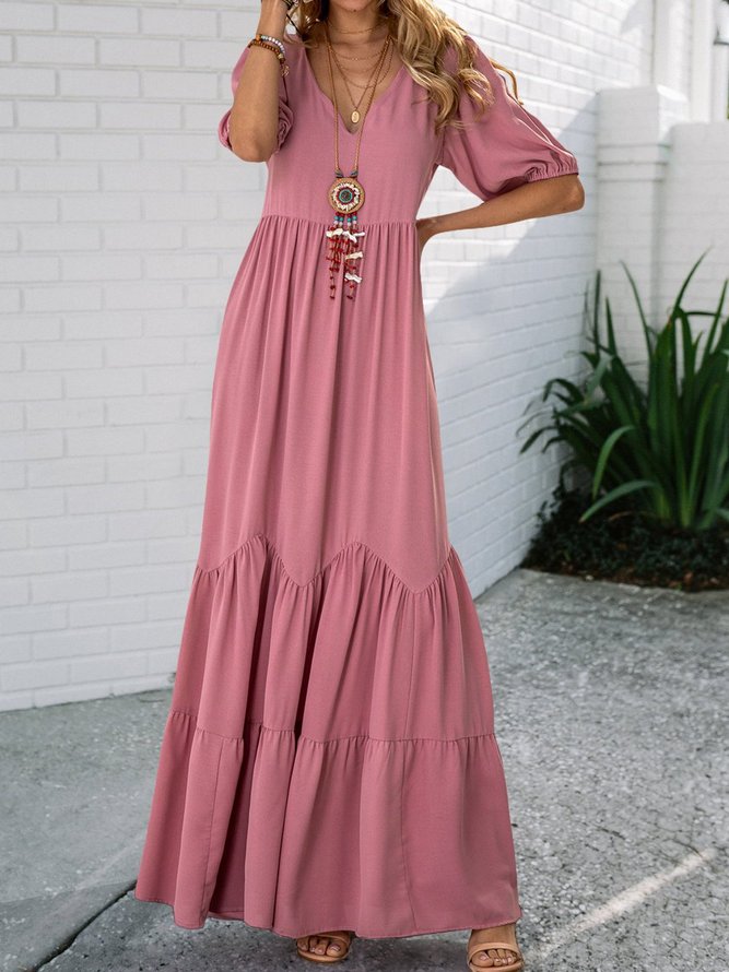 Böhmisches Einfarbiges Kleid mit V-Ausschnitt