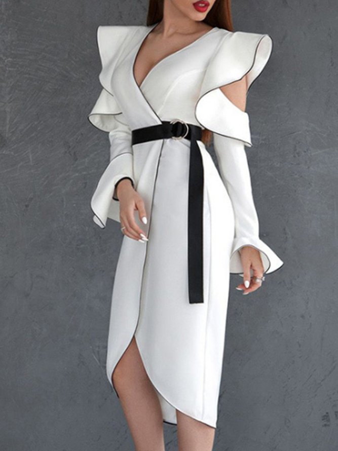 Elegant V-Ausschnitt Langarm Kleid