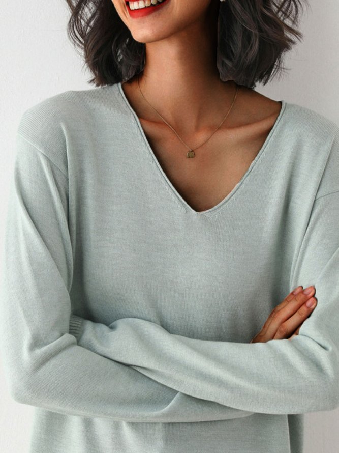 Einfarbiger Lässiger Pullover mit Langarm & V-Ausschnitt