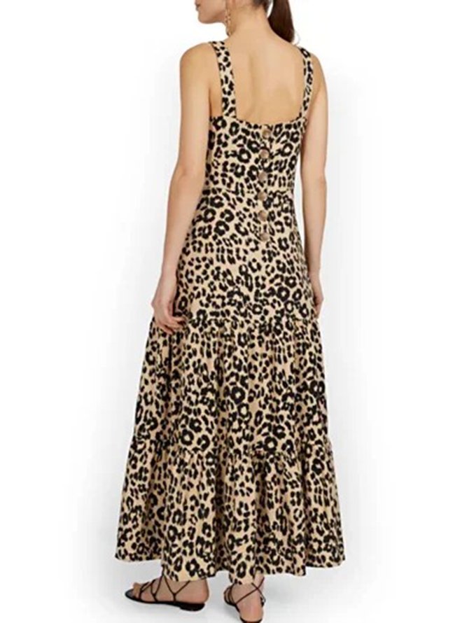 Spaghettiträger Elegant Leopard Ärmellos A-Linien-Kleid