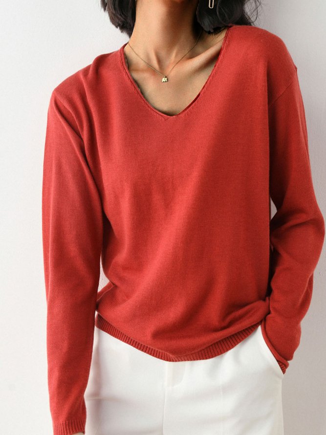 Einfarbiger Lässiger Pullover mit Langarm & V-Ausschnitt