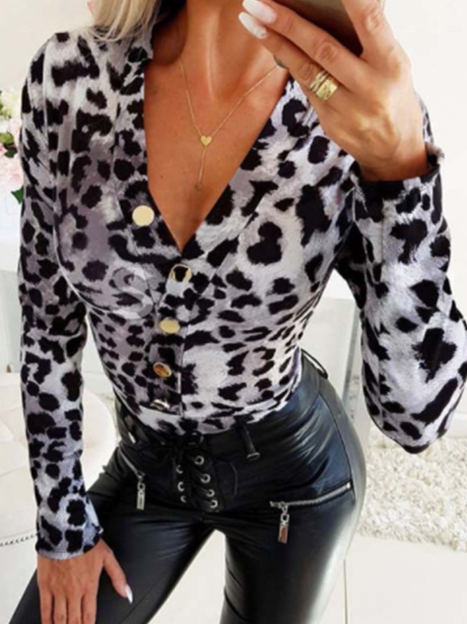 Langarm Leopard Dame Bluse mit V-Ausschnitt