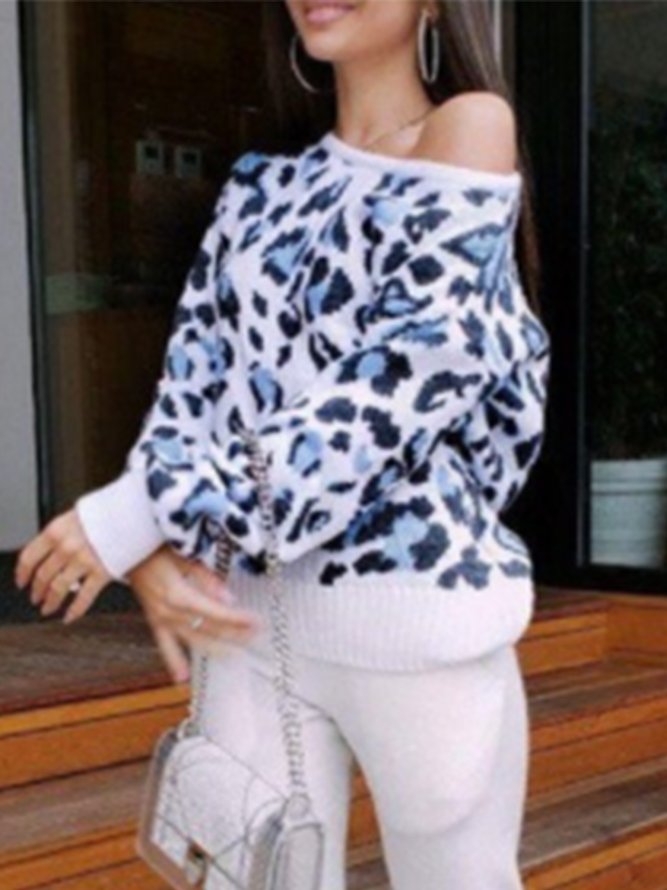 Rundhals Lockerer Pullover mit Leopard Print