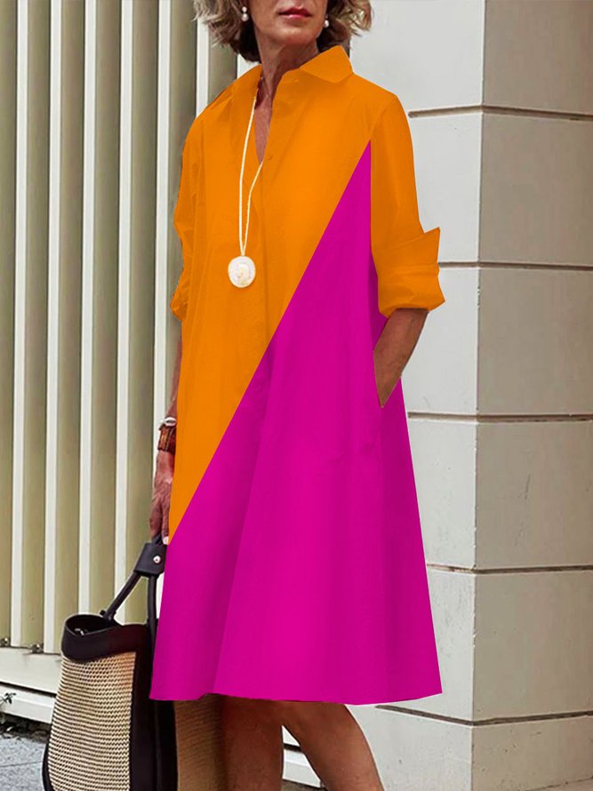 Midi Langarm Regelmäßige Passform Farbblock Hemdkragen Kleid