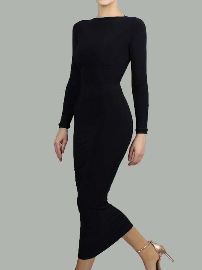 Schwarz Täglich Langarm Regelmäßige Passform U-Boot-Ausschnitt Kleid