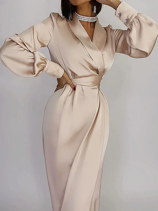 Regelmäßige Passform Satin V-Ausschnitt Langarm Lang Elegant Kleid
