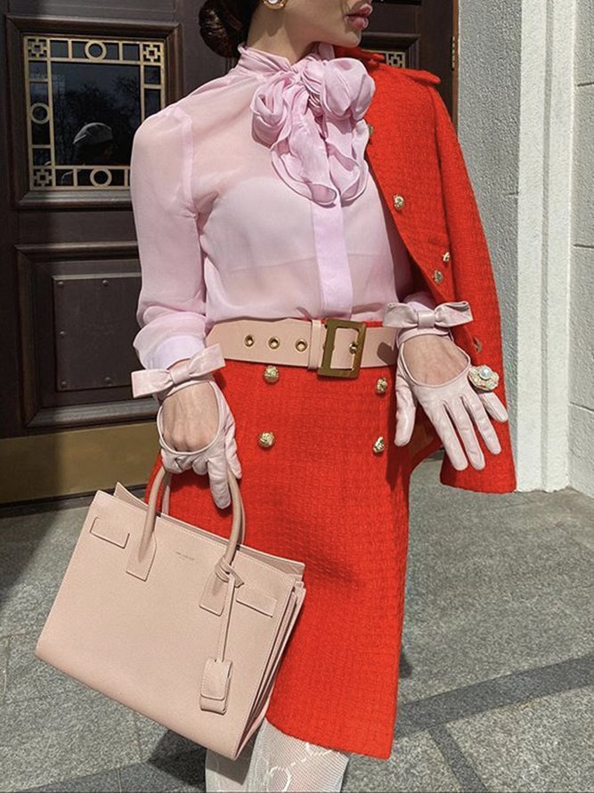 Damen Unifarben Herbst Elegant Polyester Brosche Regelmäßige Passform Langarm Regelmäßig H-Linie Jacken