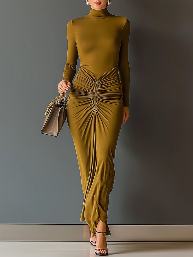 Unifarben Frühling/Herbst Urban Normal Mikroelastizität Maxikleid Langarm Nein ungefüttert Kleider für Damen