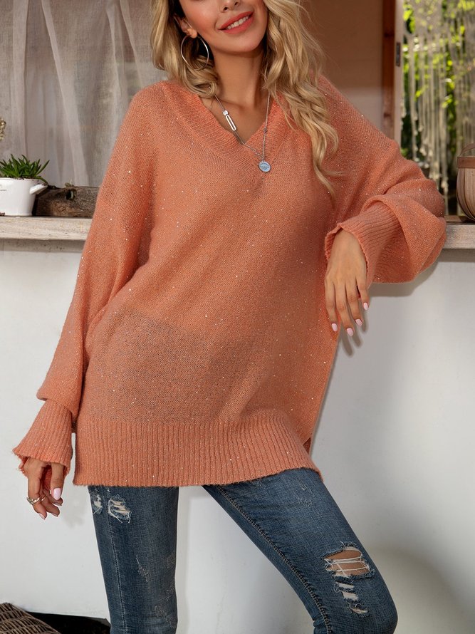 Orange Langarm Baumwollmischung Paneeliert Unifarben Pullover