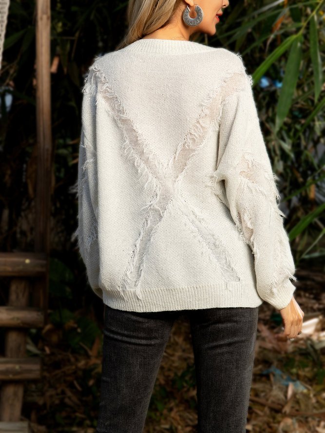 Weiß Baumwollmischung Rundhals Unifarben Langarm Pullover
