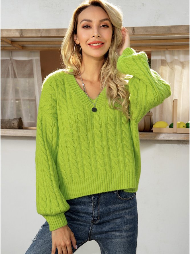 Grün Langarm V-Ausschnitt Baumwollmischung Unifarben Pullover