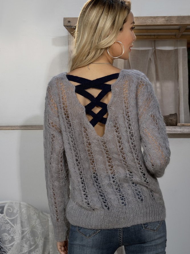 Grau V-Ausschnitt Baumwollmischung Langarm Unifarben Pullover